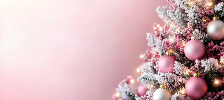 Pink and Gold Christmas Ornaments Decorate a Frosted Christmas Tree, Festive Holiday Bannerの素材