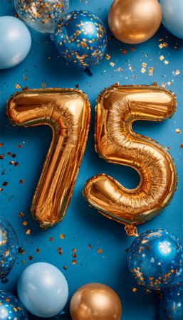 Golden Number 75 Balloons With Confetti, Celebration Background For 75th Birthday Or Anniversaryの素材