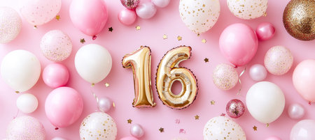 Golden Number 16 Balloon with Pastel Pink and White Balloons for 16th Birthday Celebrationの素材