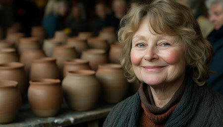 Smiling Mature Woman Artisan with Clay Pots, Pottery Class, Creative Hobby Backgroundの素材