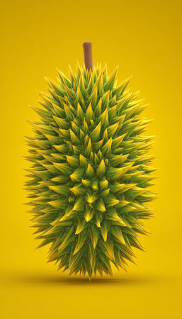 Close-Up of a Ripe Durian Fruit, Yellow Flesh Under Thorny Exterior, Isolated on Yellow Backgroundの素材