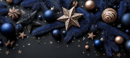 Christmas Decorations on Midnight Blue Background with Sparkling Ornaments and Blue Evergreen Twigsの素材