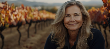 Smiling Woman in Vineyard Beauty and Wine Country Charm amidst Autumn Vines at Sunsetの素材