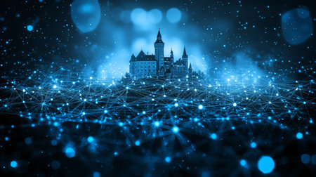 Neuschwanstein Castle in Bavaria, Germany Digital Network Landscape with Glowing Blue Nodesの素材