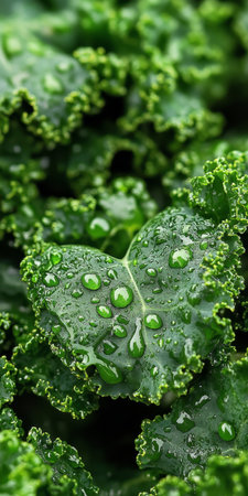 Close-up fresh, green kale leaves in a leafy garden with water droplets clinging to surfaceの素材