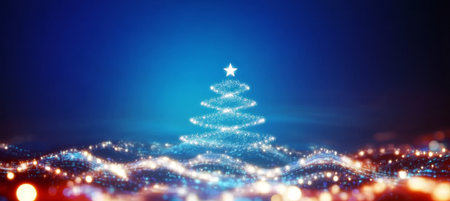 Christmas Tree With Bokeh Sparkle Lights, Festive Holiday Background Greeting With Text Space.の素材