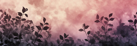 Elegant Pastel Pink and Gray Watercolor Background with Delicate Floral and Leaf Silhouettesの素材