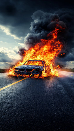 Burning Car Wreck on Asphalt Road, Destructive Car Accident Scene with Smoke and Fireの素材