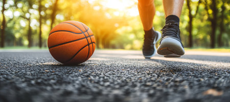 Close-up of Athlete s Legs Running on the Road with Basketball, Training. Motivation, Fitnessの素材