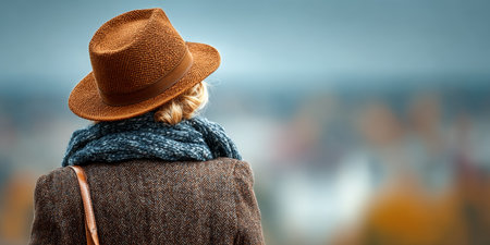 Stylish Woman in a Hat and Scarf Contemplates a Scenic, Blurry View in the Backgroundの素材