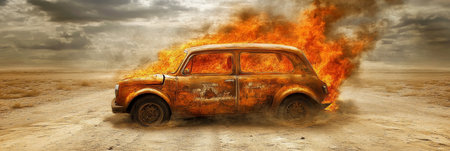 Burning car engulfed in flames and fiery smoke, abandoned car wreck on a desert road.の素材
