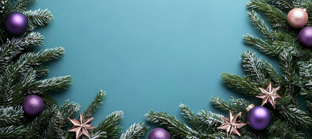 Christmas Border of Pine Branches with Purple Ornaments and Copper Stars on Turquoise Backgroundの素材