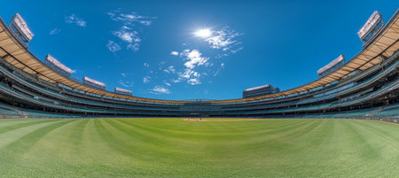 Panoramic View of Empty Baseball Stadium, Lush Green Field, Blue Sky, and Summer Cloudsの素材