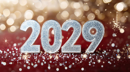 Sparkling 2029 Silver Glitter Text on Red Background with Bokeh Effect for New Years Celebrationの素材