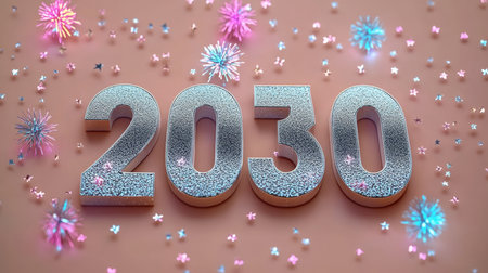 Sparkling Silver 2030 Numerals on Coral Background With Fireworks for New Year Celebrationの素材