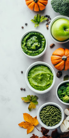 Bowls with homemade, organic baby food made of fresh vegetables - pumpkin, broccoli, avocado, appleの素材