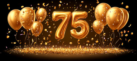Golden Number 75 Balloon Celebration With Festive Balloons And Confetti On Black Backgroundの素材