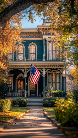 Beautiful Victorian Architecture House with American Flag. Autumn, Fall Colors on Sunny Afternoon.の素材