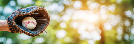 Close-up Of Baseball Glove With Ball, Sunny Day, And Blurred Green Background With Copy Spaceの素材