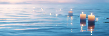 Serene Floating Candles at Sunset, Minimalist Spa and Wellness Background with Tranquil Waterの素材