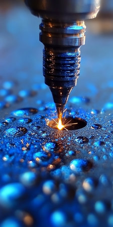 Close-up Of Laser Cutting Through Metal Sheet, Sparks Fly From High Heat And Velocity.の素材