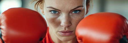 Focused Young Blonde Female Boxer, Ready To Strike With Intense Gaze, Blurred Backgroundの素材
