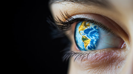 World Sight Day Close-Up Of Human Eye With Planet Earth Reflection In Iris, Global Vision Conceptの素材