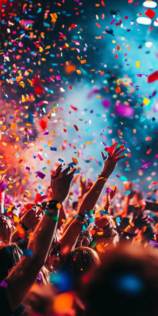Confetti Rain, Euphoric Crowd, Concert Celebration.. Bright Lights, Vibrant Music Festivalの素材