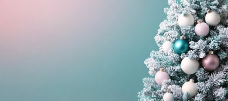 Frosted Christmas Tree With Teal And White Ornaments , Turquoise Background. Close Upの素材