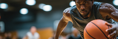 Focused Basketball Player Dribbles in Blurred Gym, Intense Look, Copy Space, Cinematic Lightingの素材