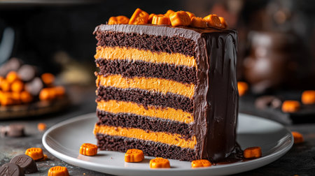 Slice of Chocolate Peanut Butter Layer Cake with Chocolate Ganache and Candy on White Plateの素材