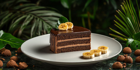 Slice of Delicious Chocolate Banana Cake with Chocolate Drizzle on White Plate,, Tropical Backgroundの素材