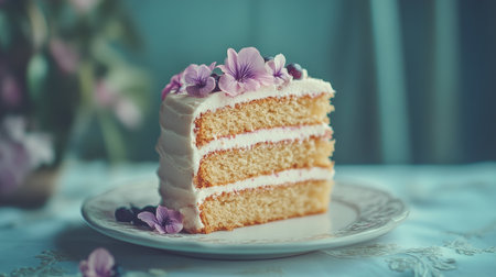 Slice of Layered Cake with Buttercream Frosting and Edible Flowers on Plate, Garden Settingの素材
