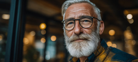 Confident Senior Man with Stylish Eyeglasses and Grey Beard Looking Into A Blurry Office Spaceの素材