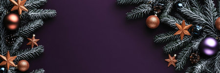 Shiny Christmas Ornaments, Stars, and Pine Branches on Purple Background with Empty Copy Spaceの素材