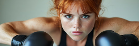 Determined Female Boxer Ready To Strike With Intense Focus, Boxing Training, Powerful Portraitの素材
