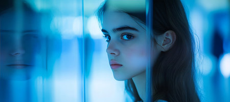 Reflective Gaze Young Woman Contemplates in Modern Glass Office, Abstract Backgroundの素材