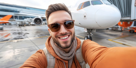 Happy Young Tourist Taking Selfie In Front Of Passenger Airplane At Airport Terminal, Travel Conceptの素材