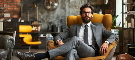 Confident Young Businessman in a Modern Office Setting, Success and Entrepreneurship Conceptの素材