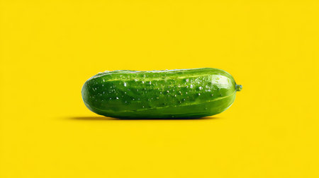 Fresh Green Cucumber Isolated, Vibrant Yellow Background, Smooth Skin, Healthy Eatingの素材