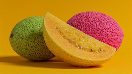 Vibrant Pink and Green Guava on Yellow Background, One Halved Showing Yellow Interiorの素材