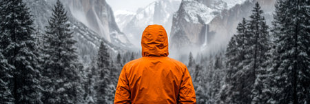 Man In Orange Jacket Explores Scenic Mountain Landscape With Waterfall In Yosemite National Park.の素材