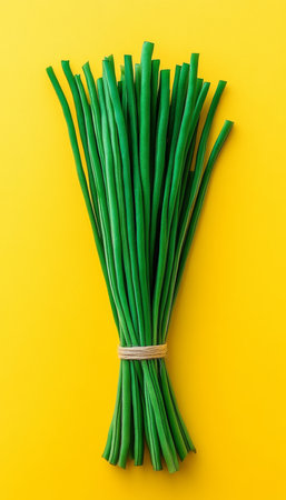 Bunch of Fresh Green Beans, Isolated on a Vibrant Yellow Background, Healthy Eating Conceptの素材