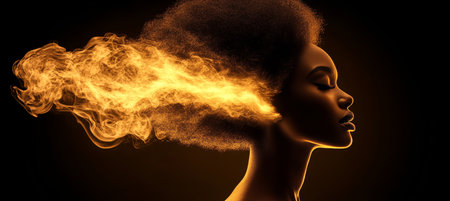 African Woman, Profile Portrait, With Flowing Smoke and Embers Emanating From Her Hairの素材