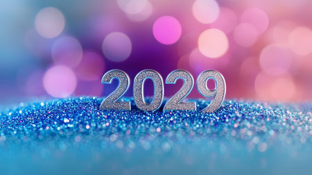 Silver 2029 Numerals Sparkle on Blue Glitter, Festive New Year Celebration Backgroundの素材