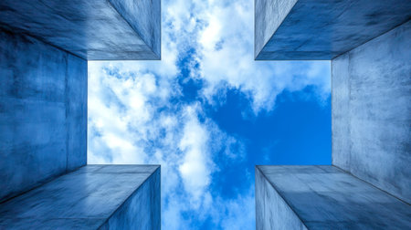 Abstract, Minimalist Concrete Architecture Framing a Vibrant Blue Sky with White Cloudsの素材