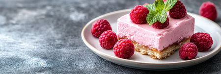 Slice of No-Bake Raspberry Cream Cake with Fresh Raspberries and Mint Leaves on Rustic Backgroundの素材
