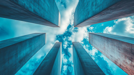 Low Angle View of Concrete Slabs Against Blue Sky, Holocaust Memorial, Berlin, Germanyの素材