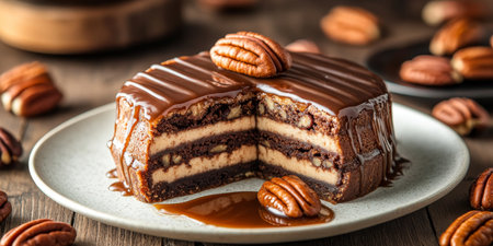 Slice of Chocolate Pecan Pie Cake with Caramel Sauce and Pecan Pieces, Rustic Food Photographyの素材