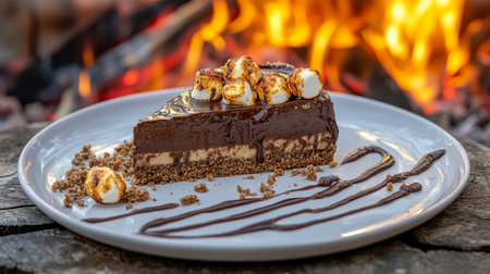 Decadent Chocolate S mores Cake Slice with Toasted Marshmallows, Campfire Dessert on White Plateの素材